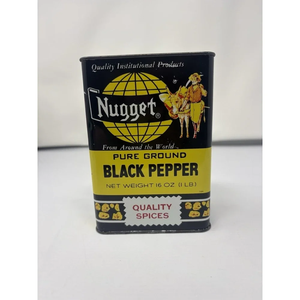 Vintage Nugget Brand Large Black Pepper Spice Tin Prospector Mule 1950s Rare CA